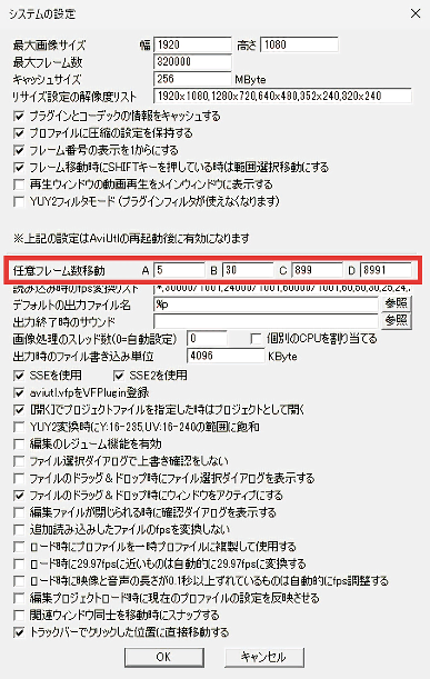 AviUtl システムの設定 任意フレーム数移動