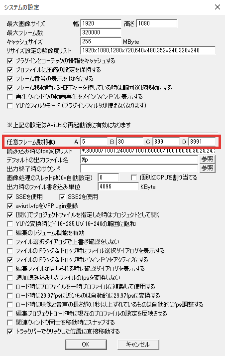 AviUtl システムの設定 任意フレーム数移動